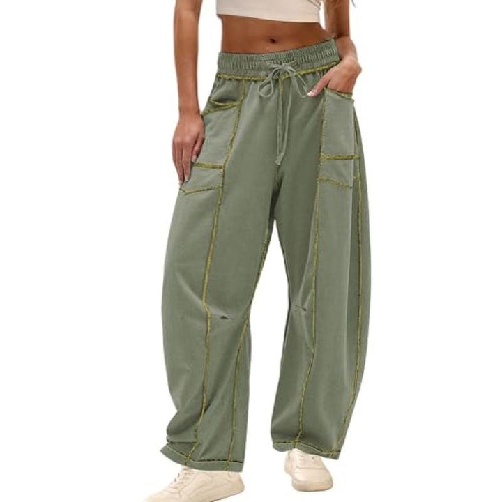 Comfortable women's utility trousers, relaxed fit barrel pants with a contemporary modern style.