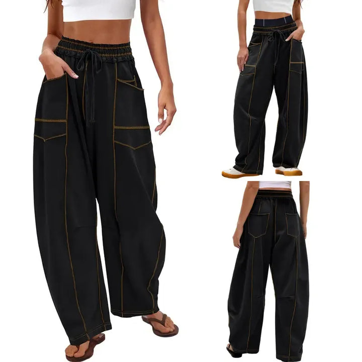 Women's casual utility cargo pants, modern barrel leg silhouette, perfect for stylish comfort.