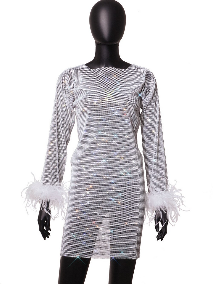 White Women's Nightfever Sparkle Mini Dress. Shimmering rhinestone party dress, ideal for glamorous night outs.