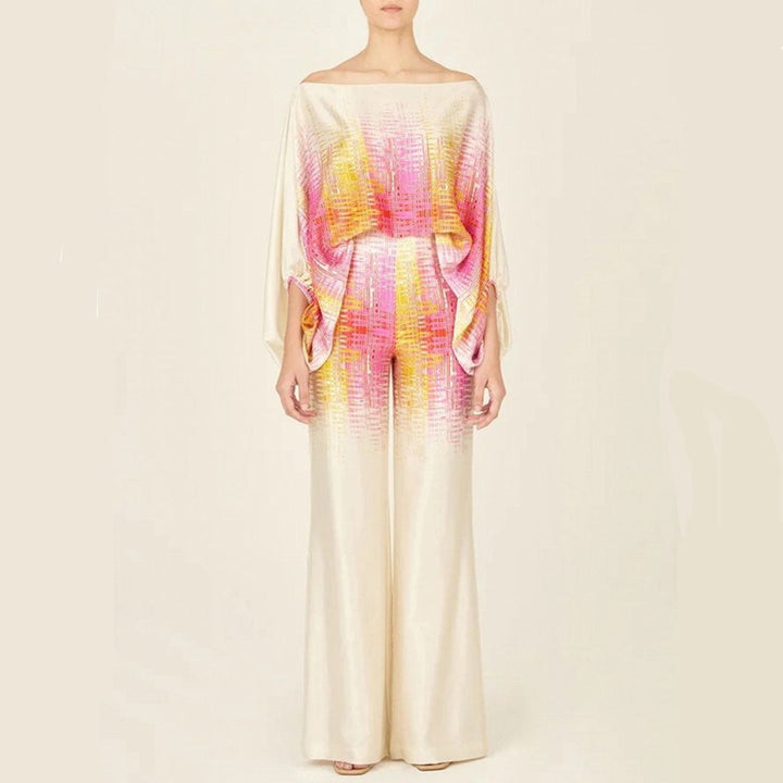 Casual women's printed off-shoulder summer set, perfect for a relaxed yet stylish vacation look.
