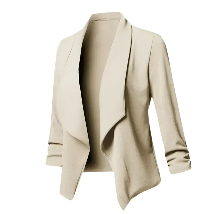 Wrinkle-resistant women's knit blazer with an open front, ideal for comfortable and structured business style.