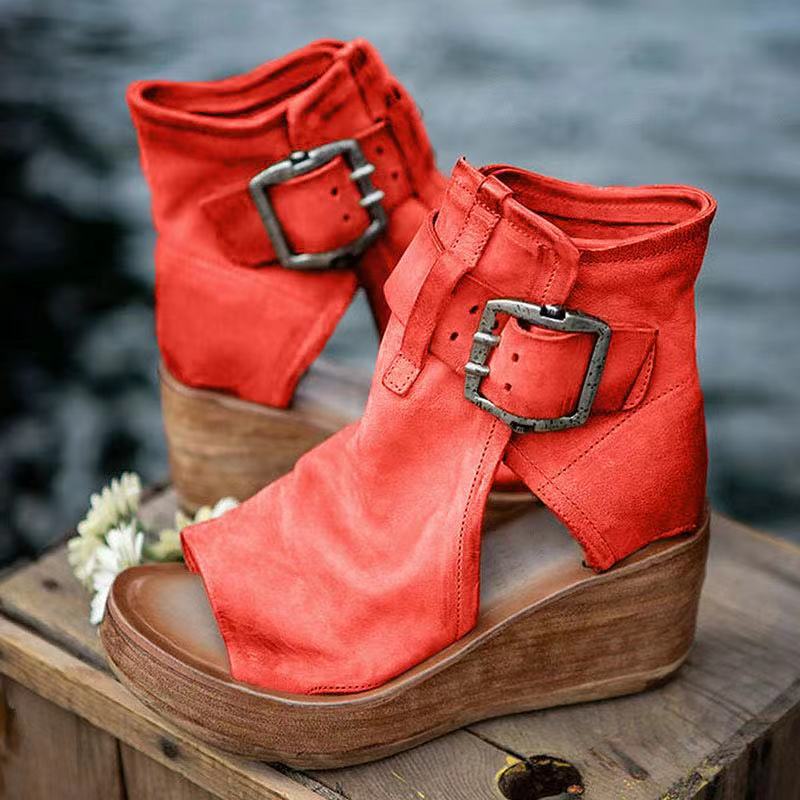 Stylish women's boho wedge sandals with orthopedic support and adjustable buckle closure.