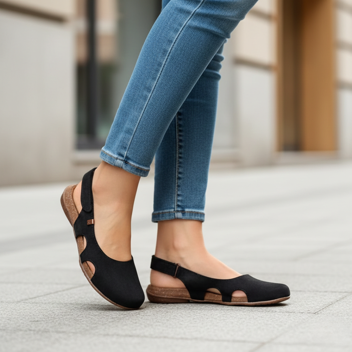 Arch support closed-toe slingback sandals for women. Orthopedic comfort footwear for everyday casual wear.