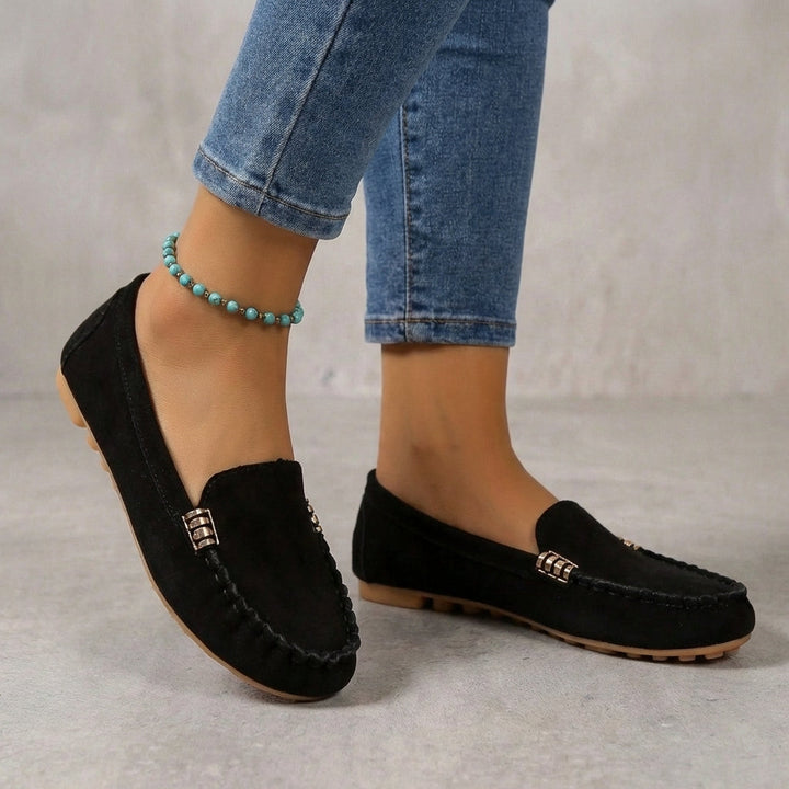 Chic women's spring/summer loafers. Comfortable driving moccasins with orthopedic sole & metallic accent.