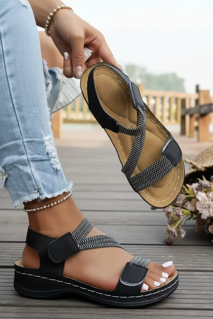 Women's orthopedic walking sandals, lightweight slip-on style. Excellent for travel and supportive casual wear.
