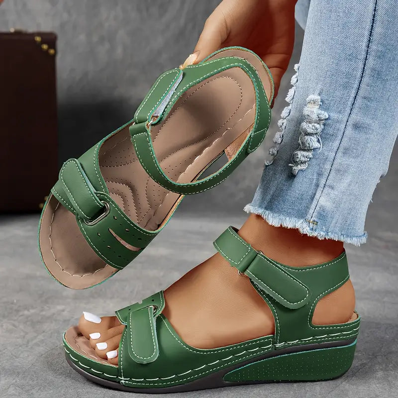 Comfortable women's orthopedic walking sandals with wedge heel, arch & foot support, adjustable strap.