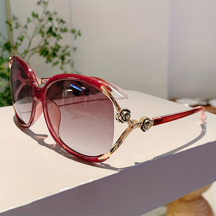 Women's oversized gradient sunglasses, UV400 protection, anti-glare, with elegant rose detail.