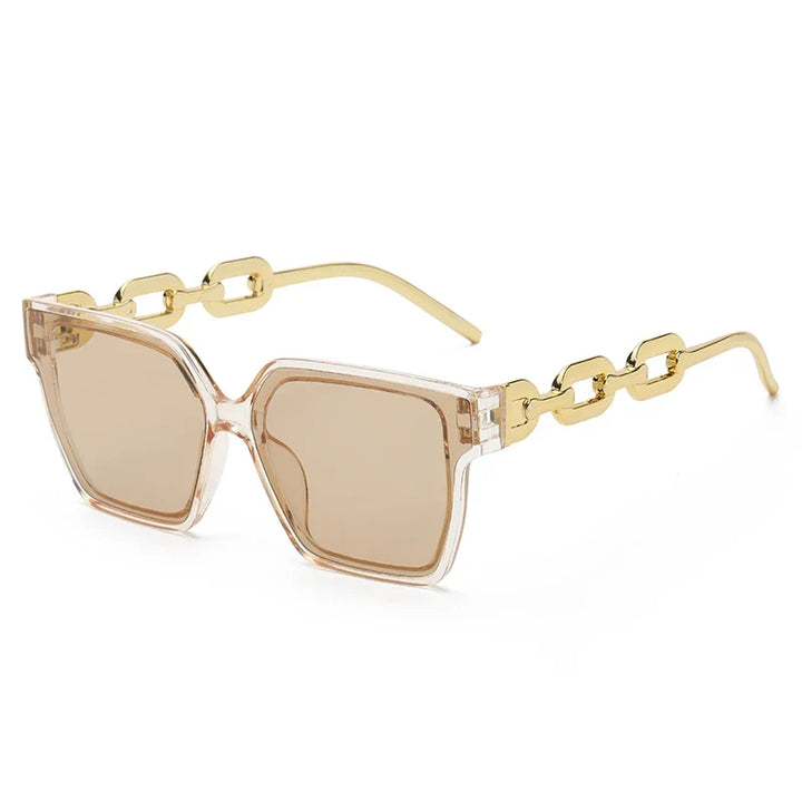 Women's oversized UV400 sunglasses with bold chain link design and sleek metal frame for ultimate eye protection.