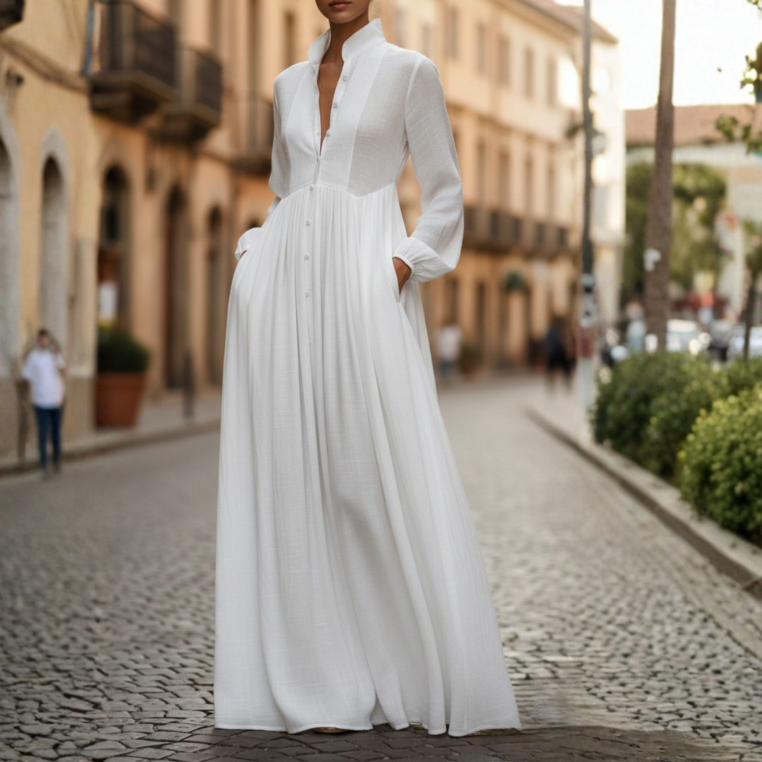 Women's patchwork high neck long sleeve maxi dress for elegant autumn fashion and casual everyday wear.