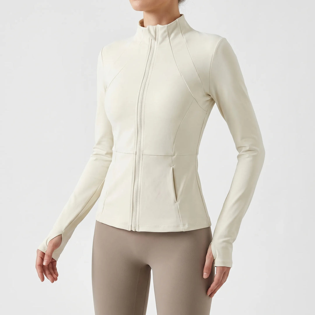 Moisture-wicking women's workout jacket, full-zip, with a flattering fit for gym and activewear.