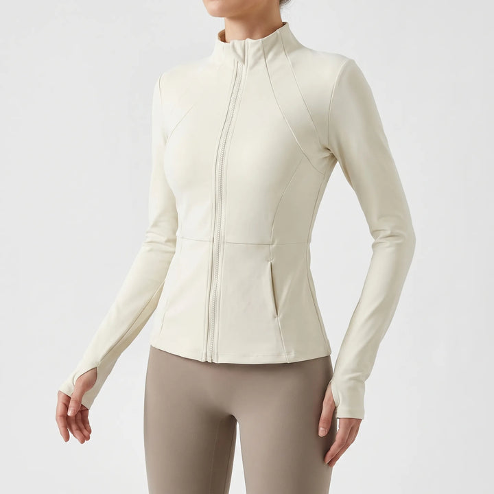 Moisture-wicking women's workout jacket, full-zip, with a flattering fit for gym and activewear.