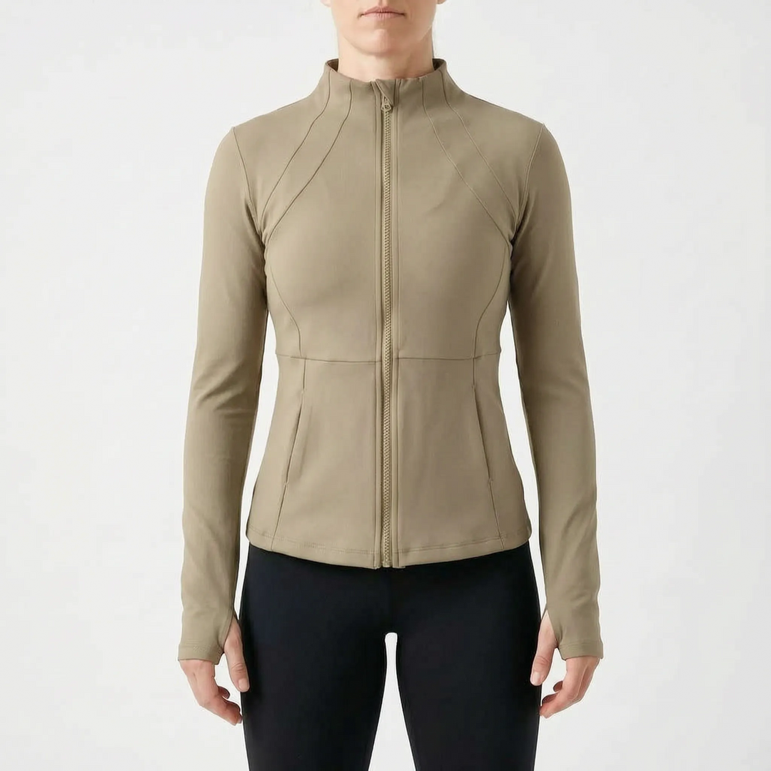 Versatile women's full-zip athletic jacket, perfect for gym, running, and everyday activewear.