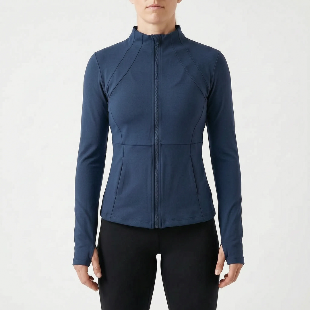 Women's performance full-zip jacket with thumbholes, long sleeve, designed for active women's fitness.