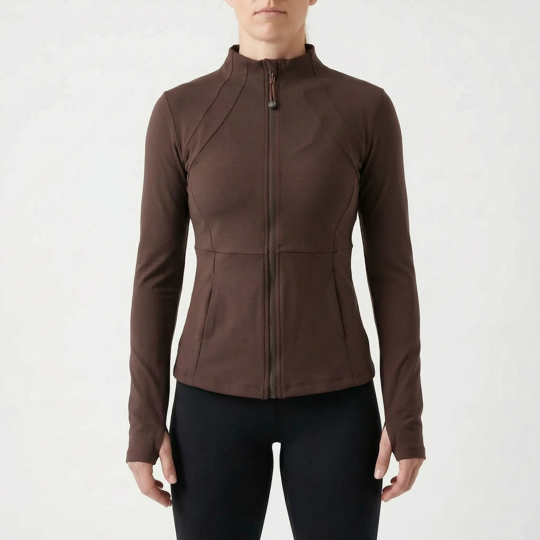 Flattering fit women's full-zip athletic jacket, moisture-wicking for comfortable gym & active wear.