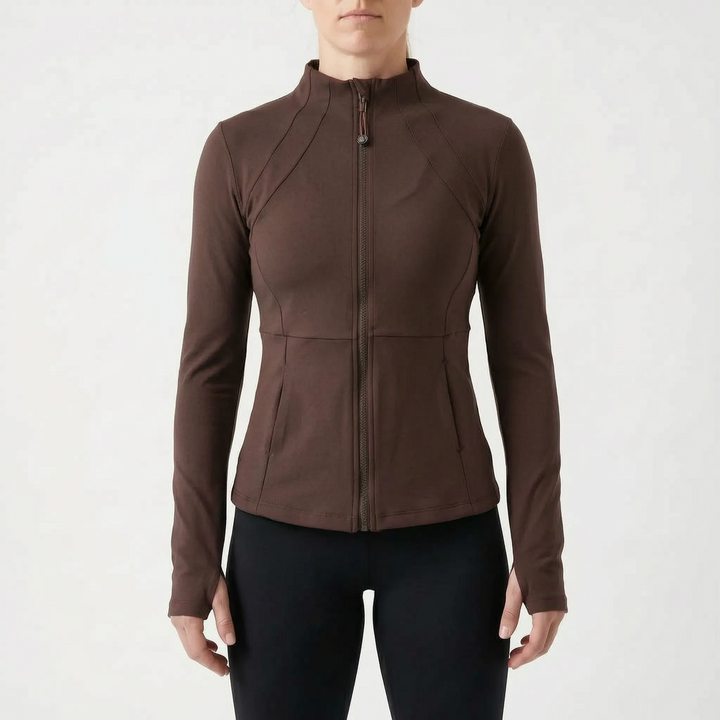 Flattering fit women's full-zip athletic jacket, moisture-wicking for comfortable gym & active wear.