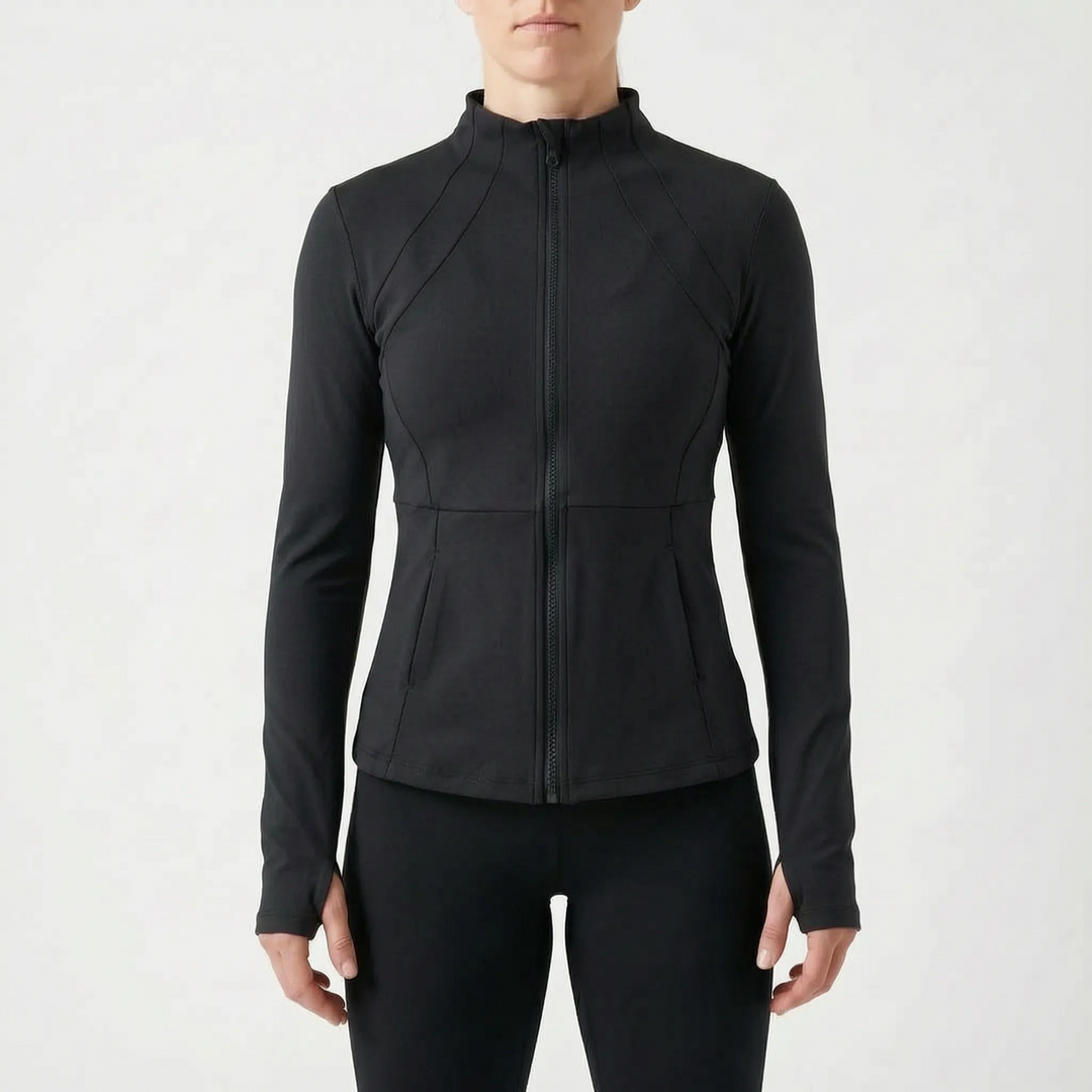 Lightweight women's performance full-zip jacket, moisture-wicking, long sleeve, ideal for active workouts.