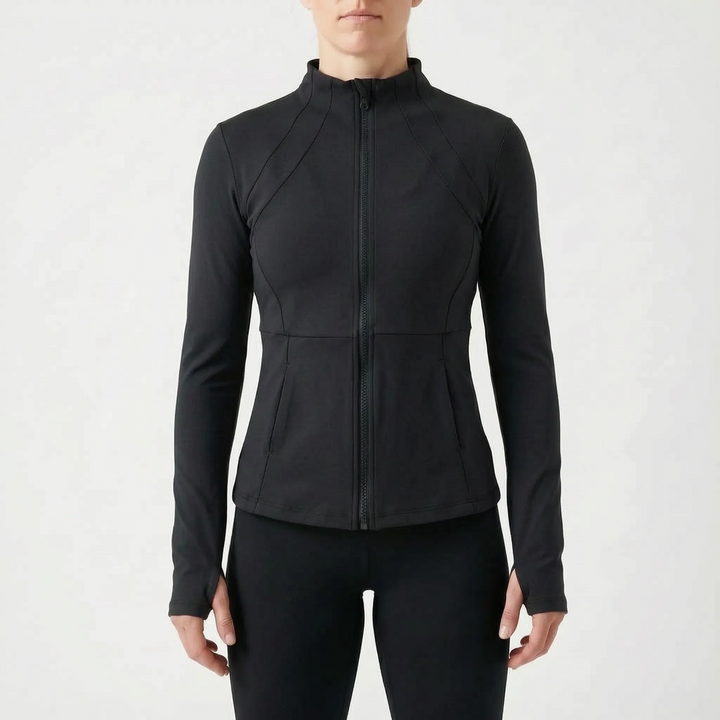 Lightweight women's performance full-zip jacket, moisture-wicking, long sleeve, ideal for active workouts.