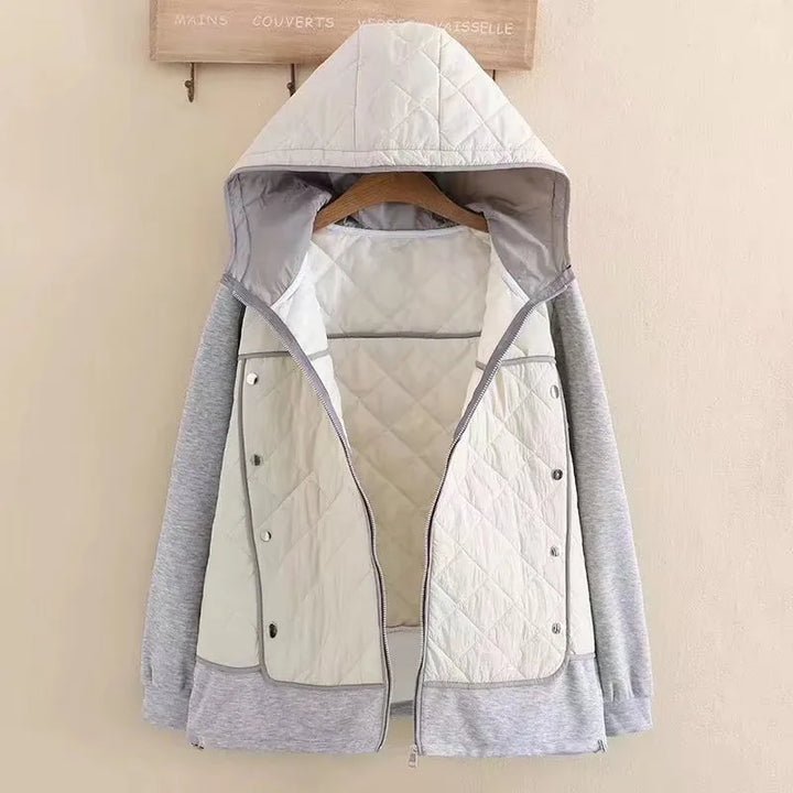 Versatile plus size women's hooded jacket with diamond quilting, suitable for fall and winter.