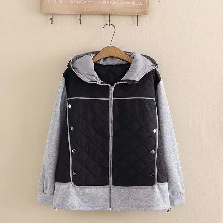 Cozy plus size women's jacket with elegant diamond quilting and a warm hood for winter fashion.
