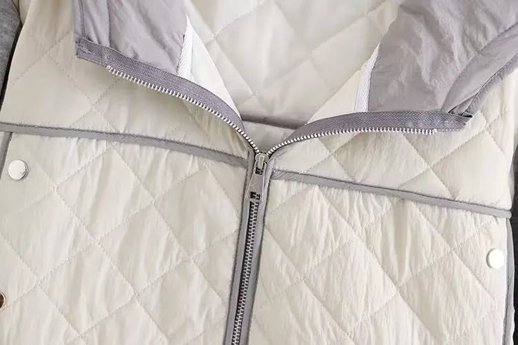 Back view of a cozy plus size women's hooded jacket with a classic diamond quilted pattern.
