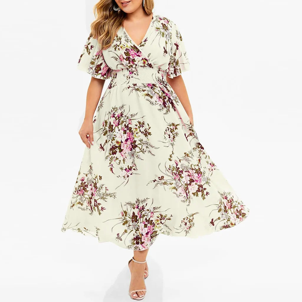 Comfortable plus size long dress, floral print, perfect for casual wear.