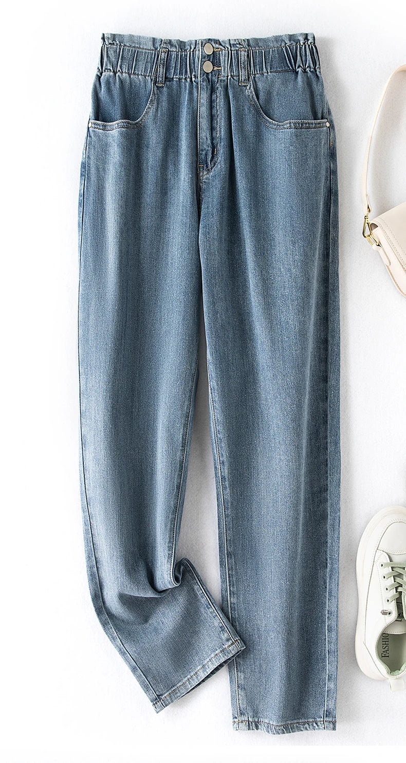 Stylish plus size high-waist stretch mom jeans, perfect for all-season casual wear.