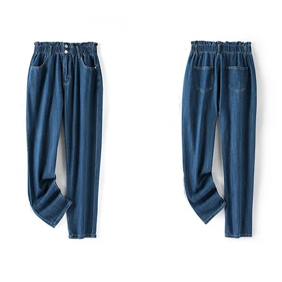 Flattering plus size high-waist stretch mom jeans, the ultimate curvy fit denim.