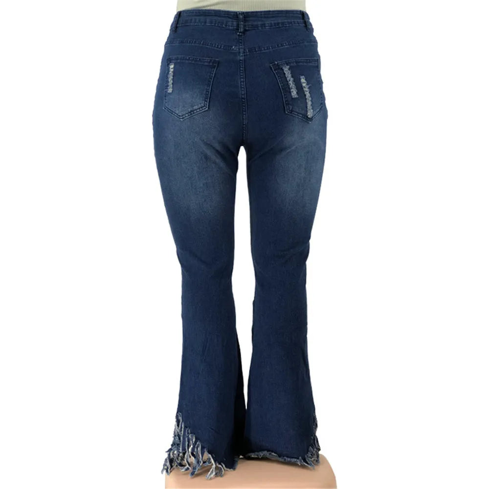 Women's plus size stretch denim flared jeans, high-waisted and ripped, ideal for a modern wardrobe.