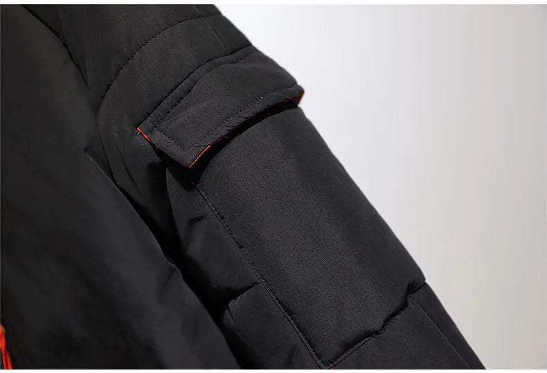 Warm women's plus-size long puffer jacket, fashion-forward & cozy for winter outerwear.