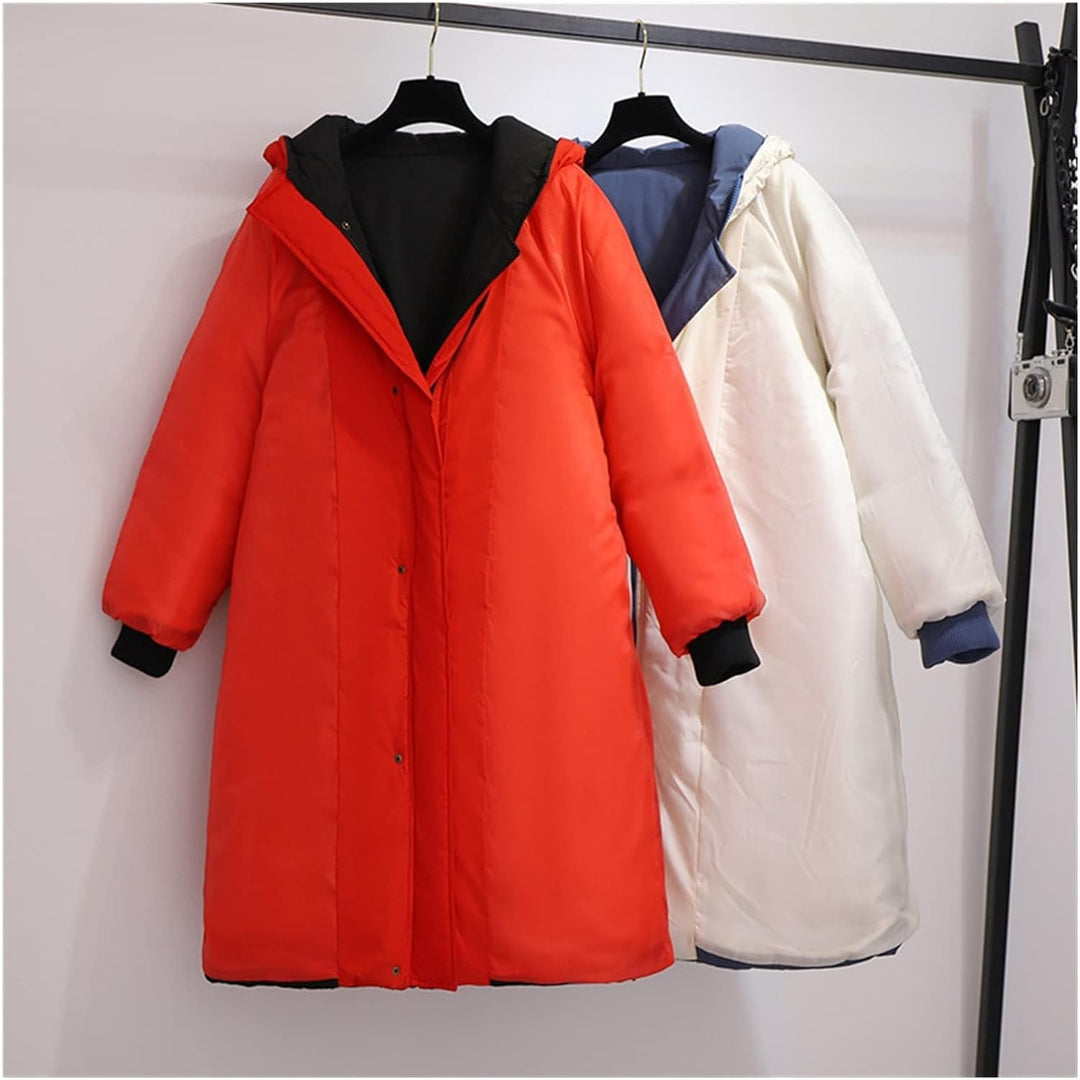 Long padded plus-size women's winter jacket, oversized & comfortable for cold weather style.