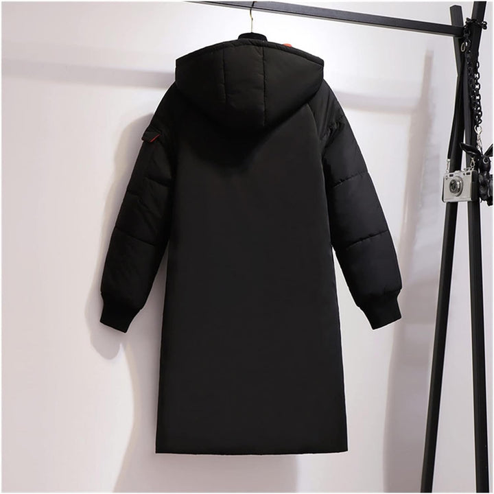 Stylish plus-size women's long winter coat, hooded & padded, offering ultimate warmth.