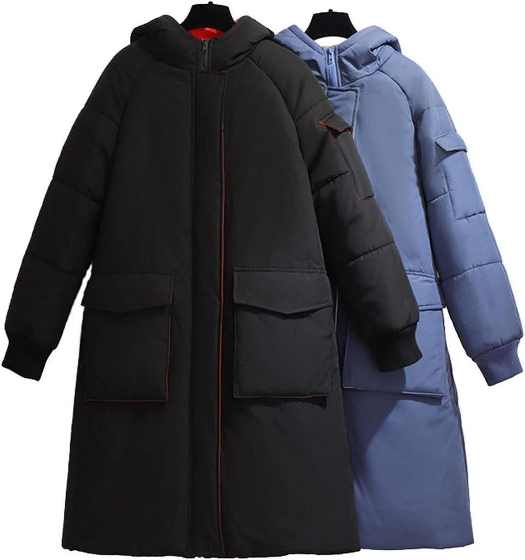 Women's plus-size long puffer winter jacket, warm, cozy & fashionable for everyday wear.