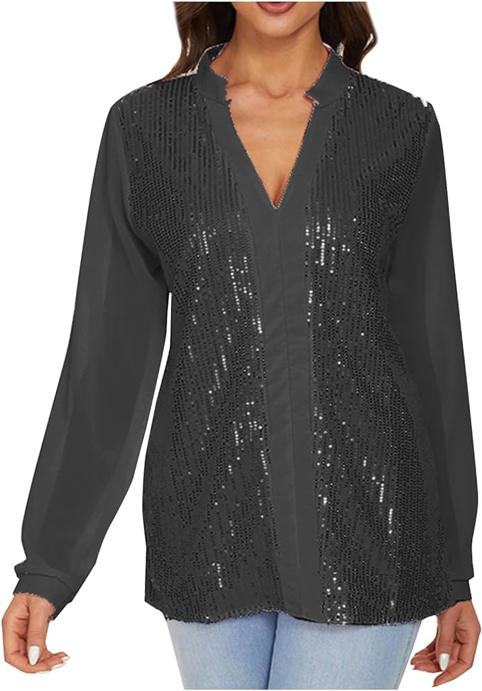 Chic women's plus size sequin V-neck top, long sleeve for sophisticated evening elegance.