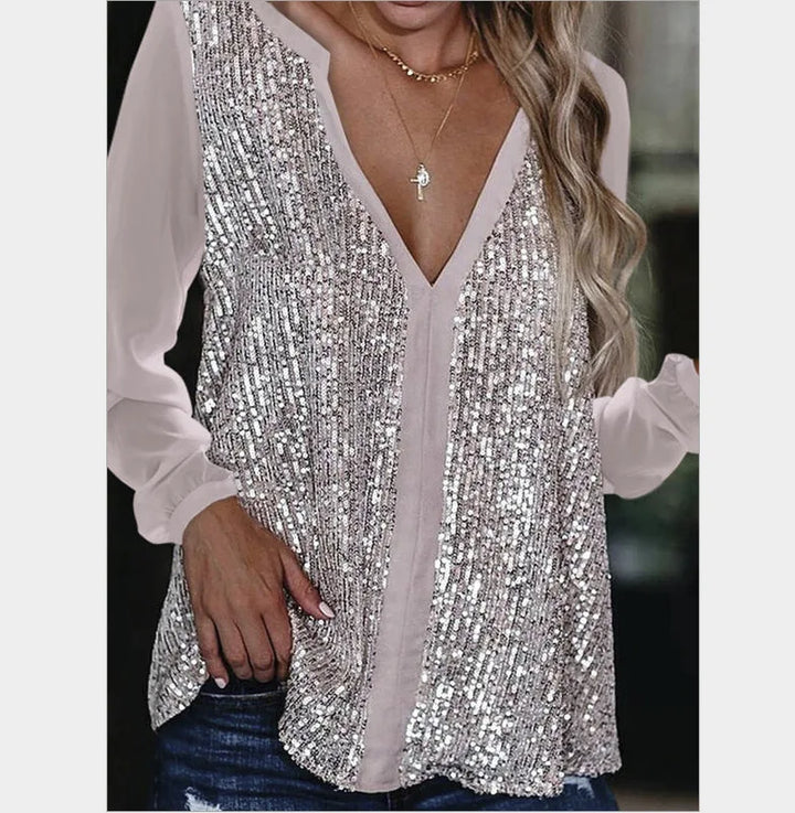 Elegant plus size women's sequin V-neck blouse, long sleeve comfortable top with shine.