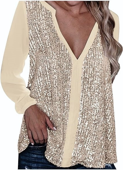 Party-ready plus size sequin V-neck blouse, glamorous women's evening top with sparkle.