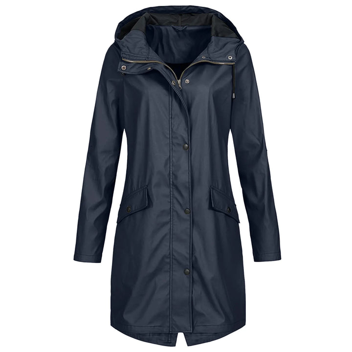 Women's plus size waterproof hooded raincoat. Stylish all-season outerwear for curvy figures.