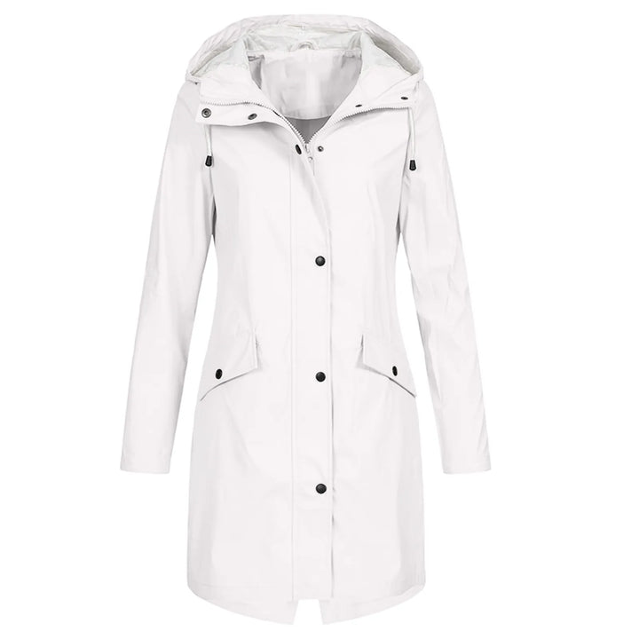 Curvy fit women's waterproof jacket with hood, perfect for spring, fall, and all weather conditions.