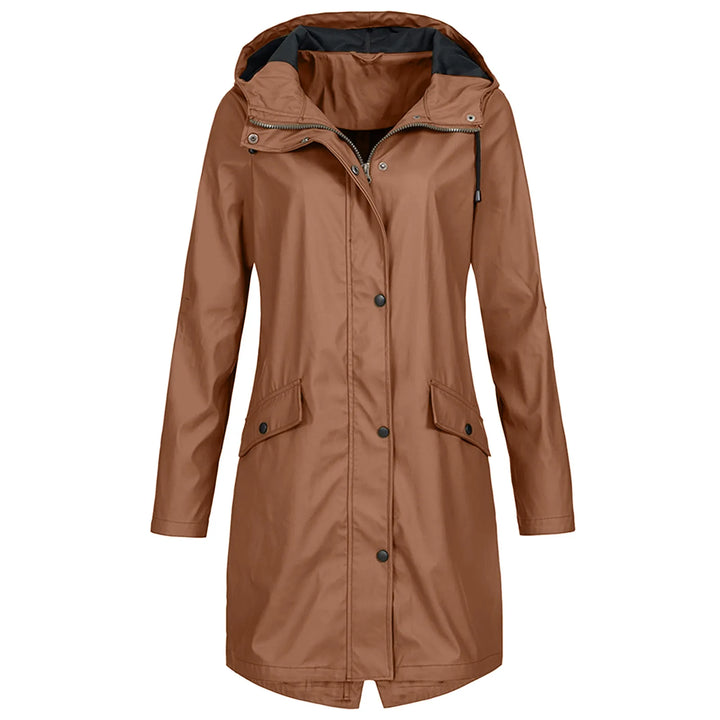 Practical hooded rain jacket for plus size women. Durable, waterproof, and designed for all-season wear.