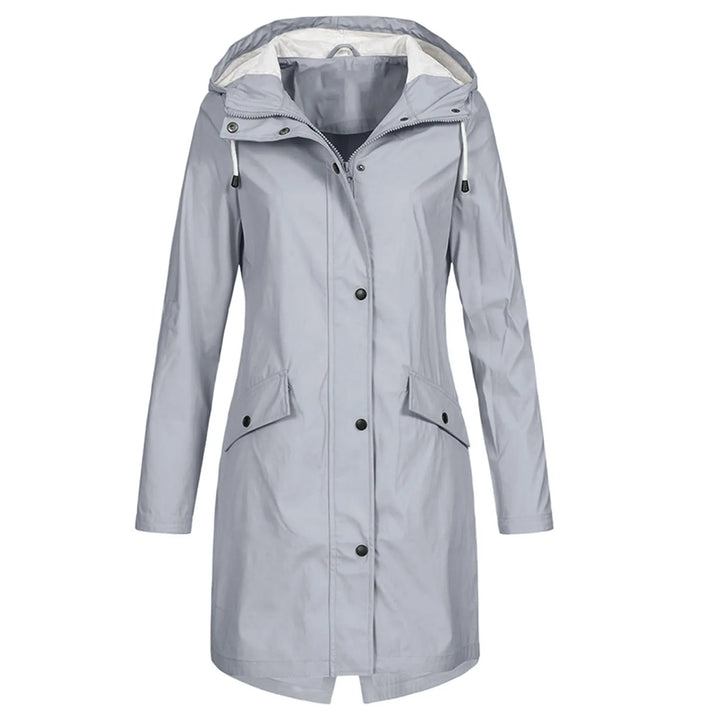 Elegant women's plus size raincoat with a protective hood. Ideal for outdoor activities & everyday style.