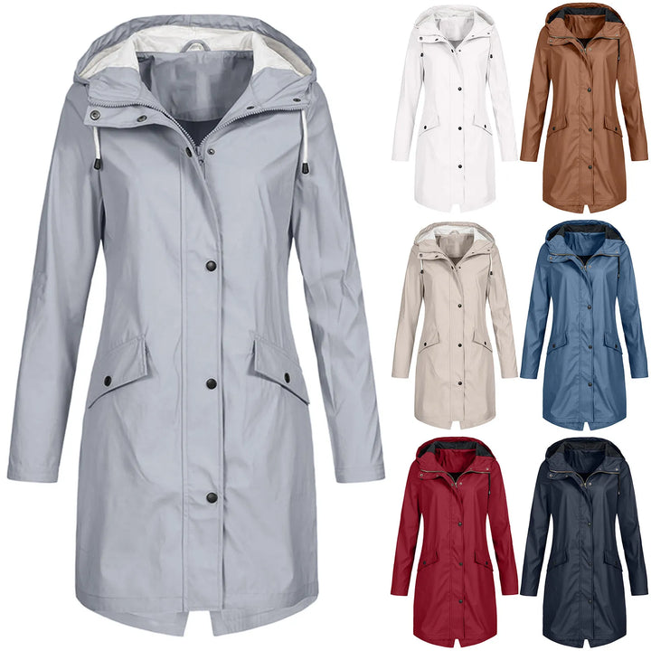 Chic curvy fit rainwear for women. This waterproof hooded coat is a stylish essential for year-round protection.