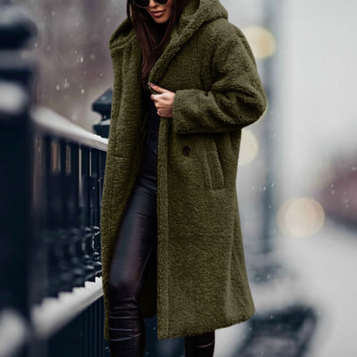 Elegant long-sleeve women's plush winter coat with a protective hood, ideal for fall & winter.