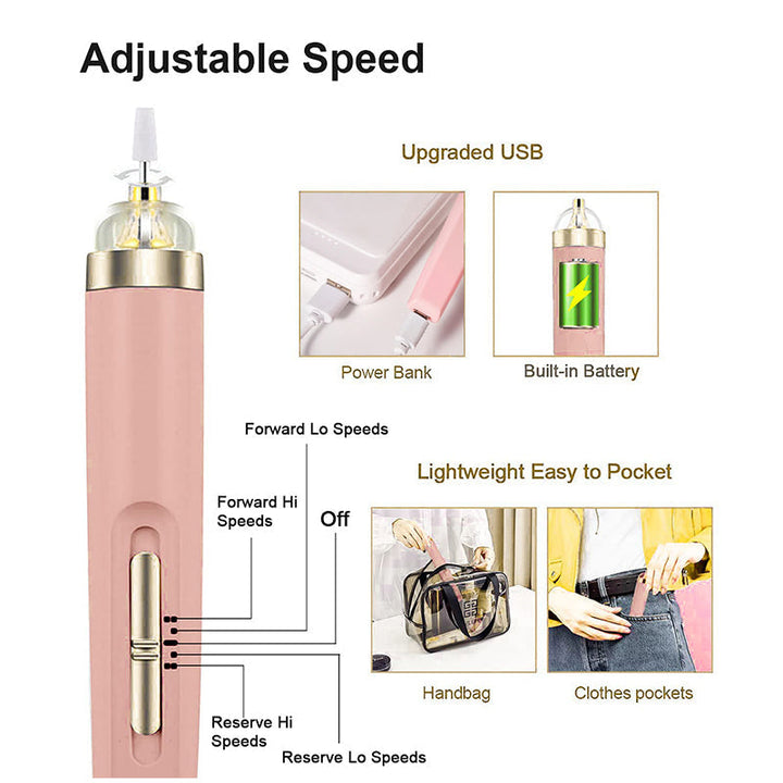 Women's portable electric nail buffer for shaping, polishing, & gel polish removal, with light.