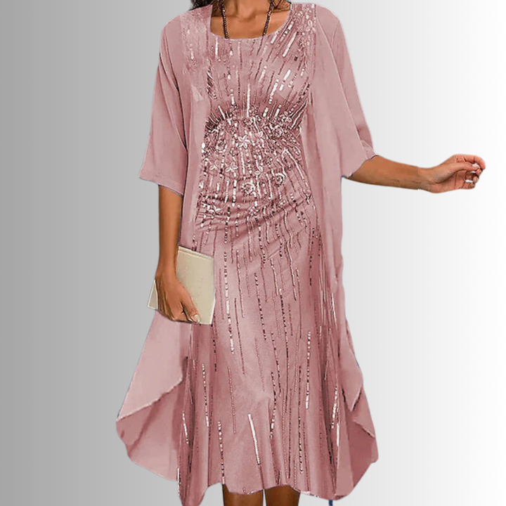 Vibrant printed women's midi dress, elegant open-front layered silhouette with a distinctive uneven hem.