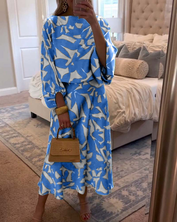 Flowy women's printed two-piece matching set with stylish lantern sleeves for casual comfort.