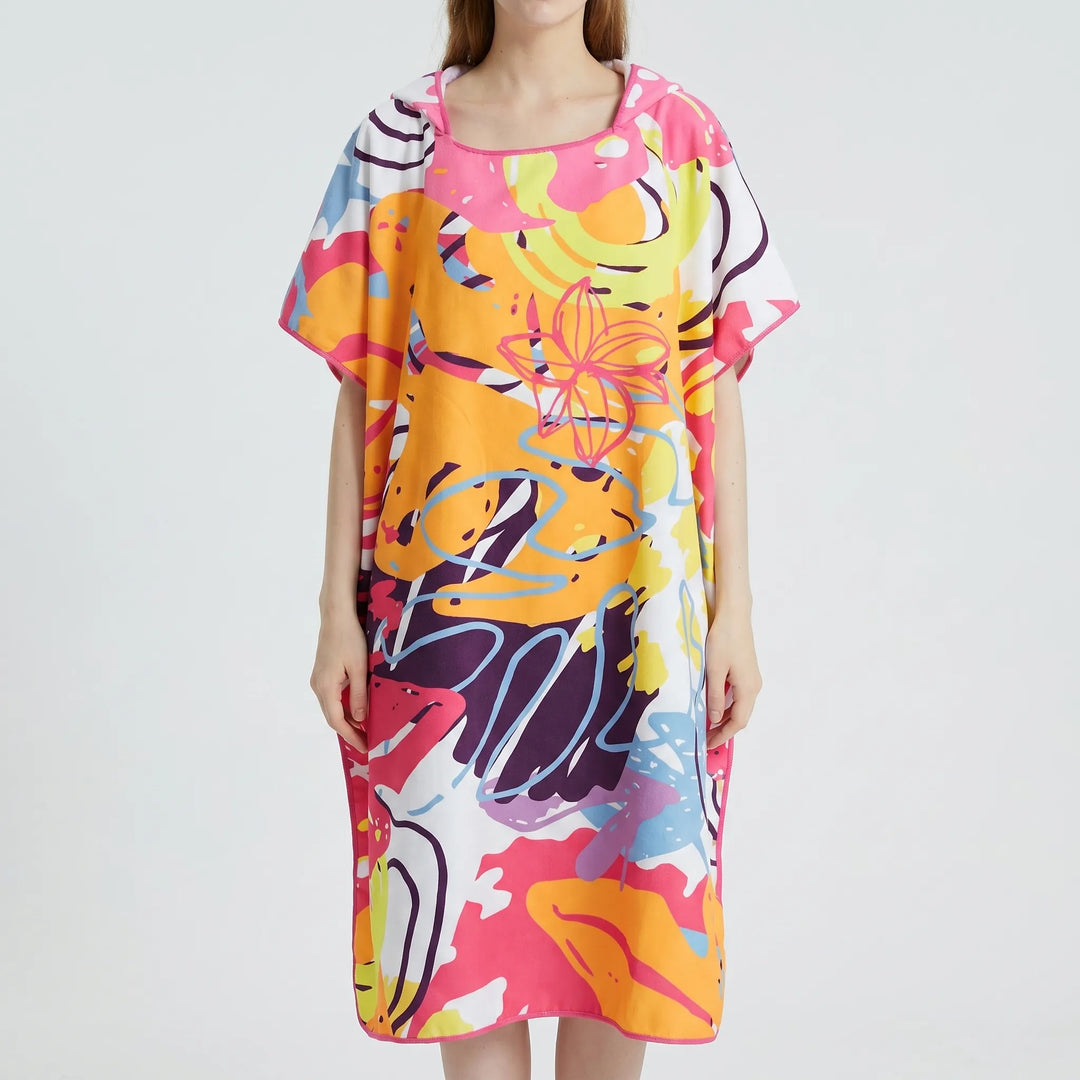 Soft women's hooded changing robe, quick-dry beach cover-up with abstract design, ideal for discreet changes.
