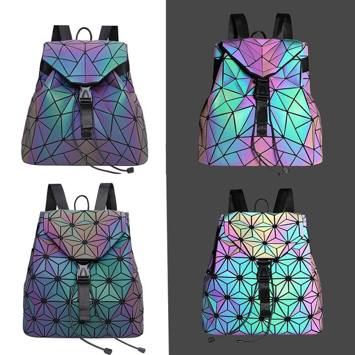 Luminous women's geometric backpack glowing in the dark, showcasing reflective properties for night safety.