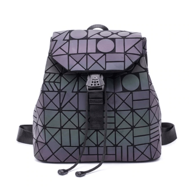 Back view of a woman wearing a geometric color-changing backpack, showcasing reflective safety.