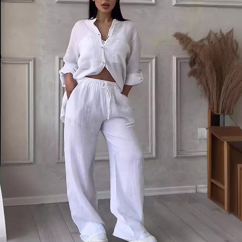 Women's relaxed fit button-down shirt & wide leg pants matching set. Perfect for summer casual outfits.