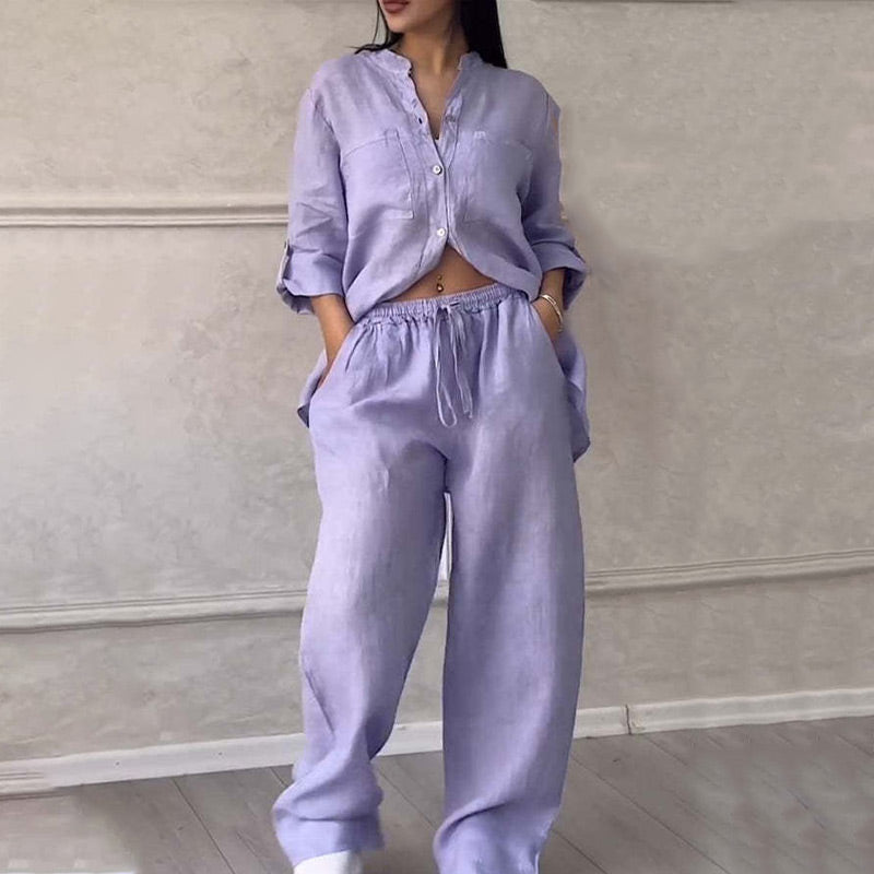 Relaxed fit women's two-piece set with a button-down shirt and flowy wide-leg pants, ideal for spring.