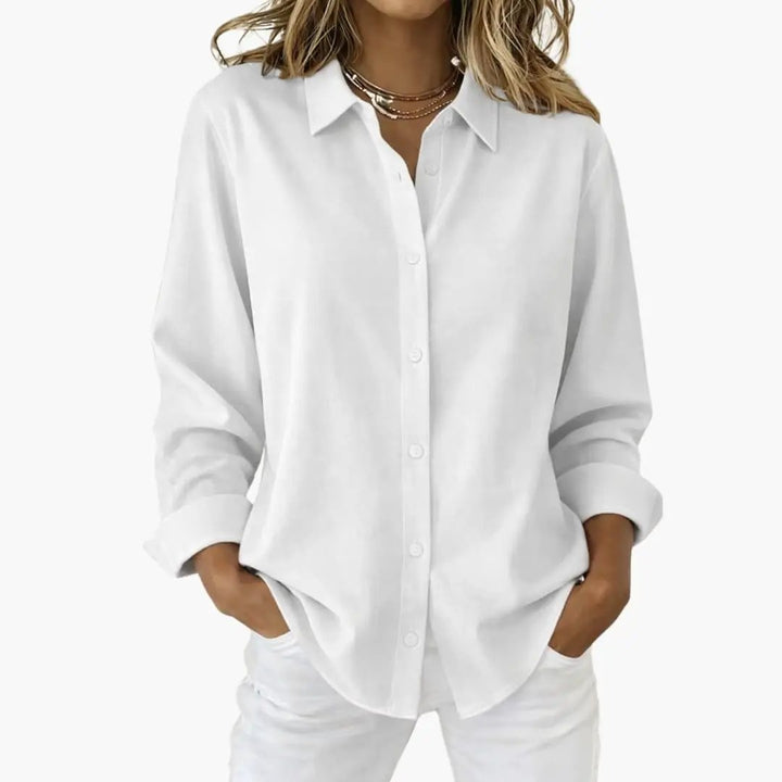 Women's relaxed fit button up shirt, long sleeve, perfect for casual or office wear.